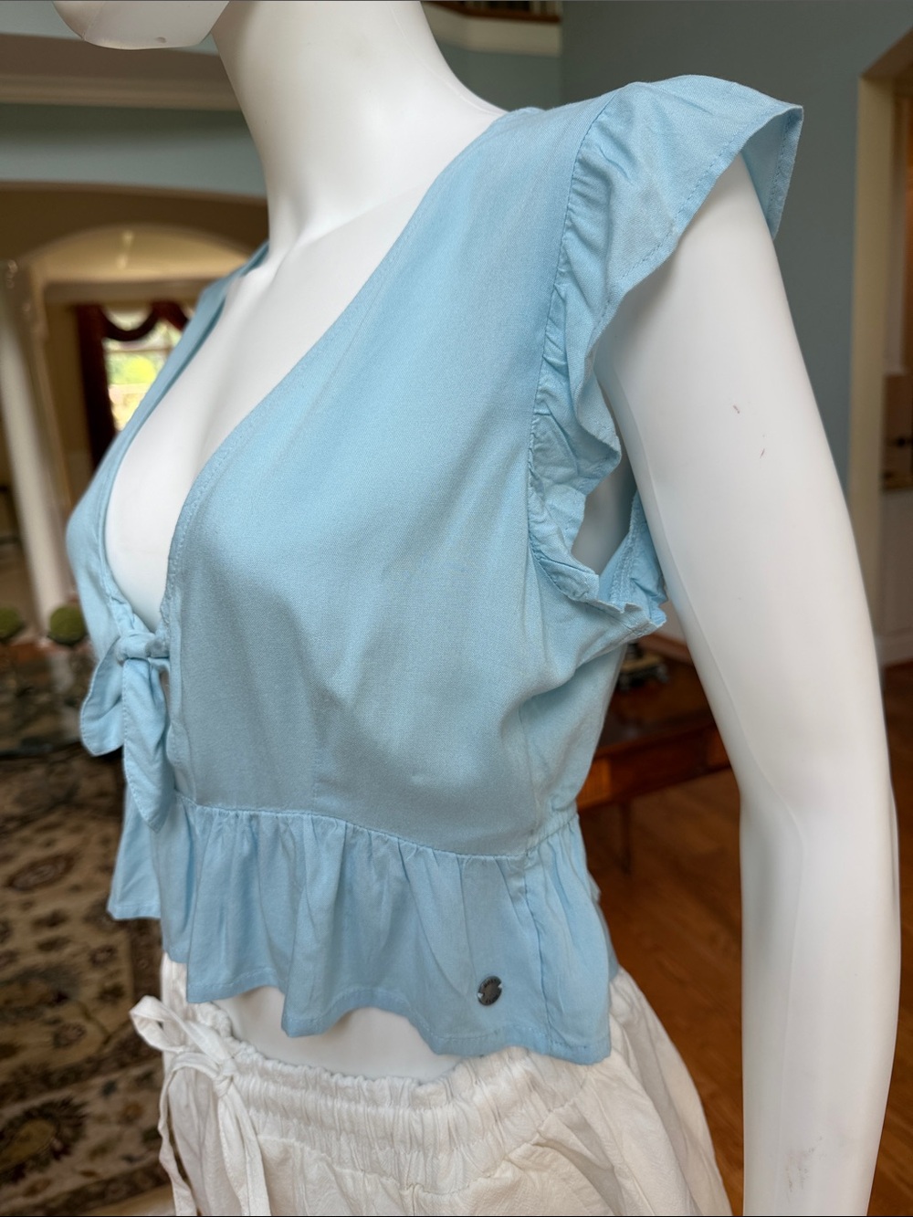 Roxy Light Blue Tie-Front Ruffle Crop Top - Picture 3 of 8